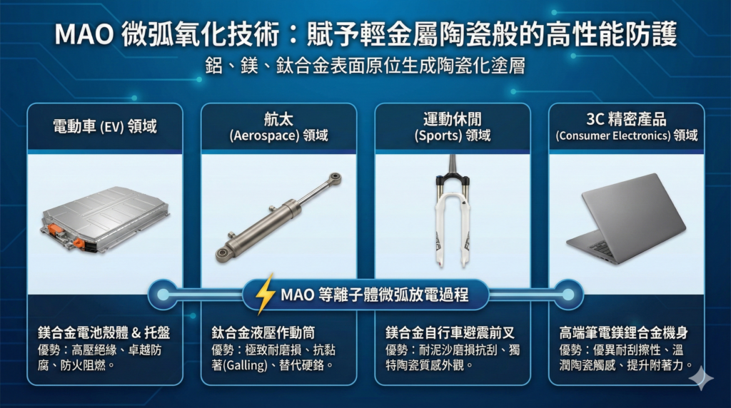是一張橫向的技術信息圖表，標題為「MAO 微弧氧化技術：賦予輕金屬陶瓷般的高性能防護」。圖表中心是一個標示為「MAO 等離子體微弧放電過程」的閃電圖標，連接著四個應用領域的案例圖片與文字說明。從左至右分別是：(1) 電動車領域的鎂合金電池殼體，強調絕緣與防火；(2) 航太領域的鈦合金液壓作動筒，強調耐磨與替代硬鉻；(3) 運動休閒領域的鎂合金自行車避震前叉，強調耐刮與外觀質感；(4) 3C 精密產品領域的高端筆電鎂鋰合金機身，強調陶瓷觸感與附著力提升。背景為藍色科技感電路圖紋。