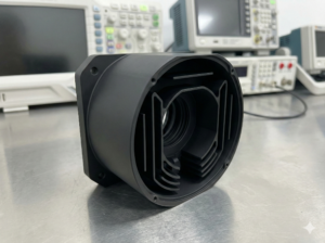 A close-up photograph of a anti-light reflective matte black, machined metal optical housing with intricate internal light baffles, resting on a metal lab bench with electronic test equipment in the blurred background.