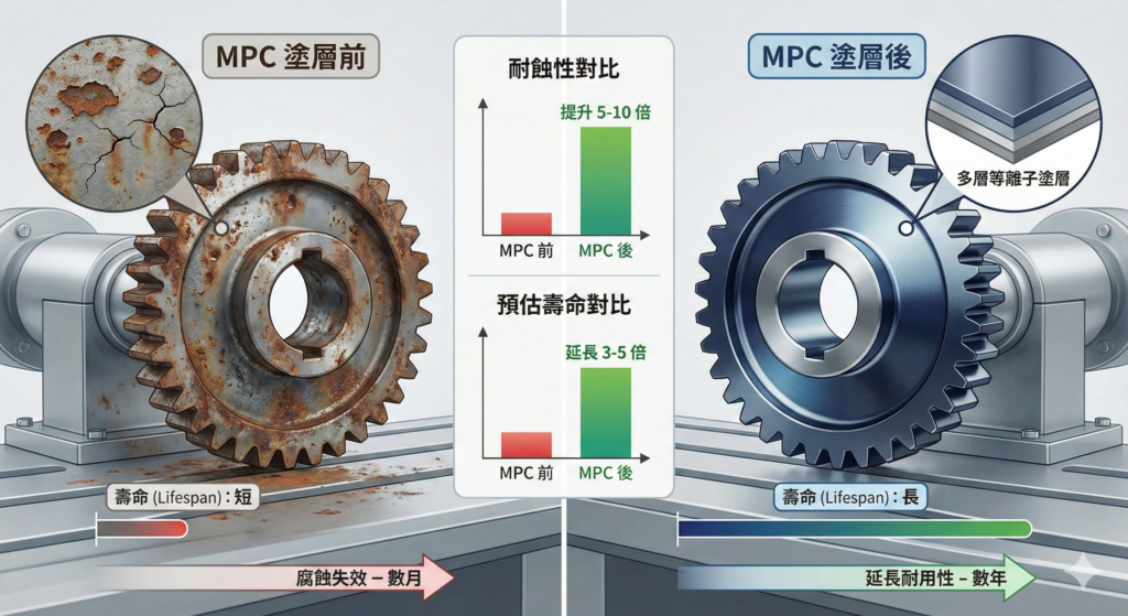 Raymag MPC 多層等離子塗層前後金屬零件耐蝕與壽命對比