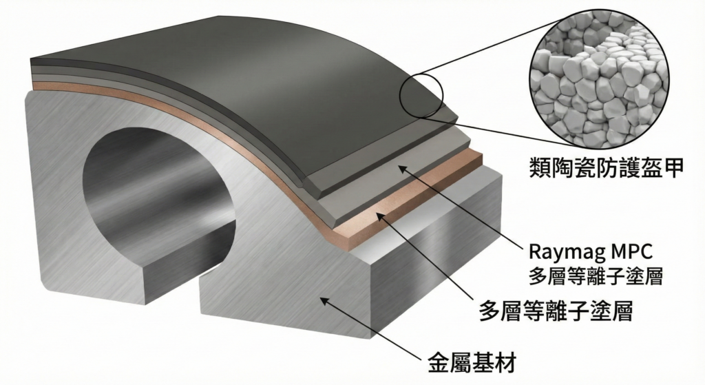 金屬表面經 Raymag MPC 多層等離子塗層後形成類陶瓷防護盔甲