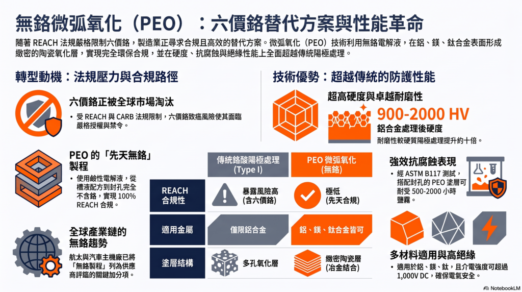 鋁合金與鎂合金零件表面經無鉻微弧氧化(PEO)陶瓷塗層處理,旁附 REACH 合規檢核圖示