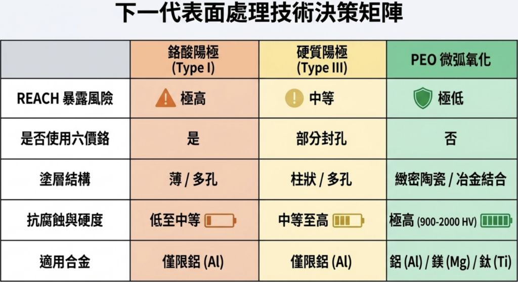 下一代表面處理技術決策矩陣比較圖,呈現鉻酸陽極、硬質陽極與 PEO 微弧氧化在環保風險、塗層結構、硬度及適用合金上的綜合對比。